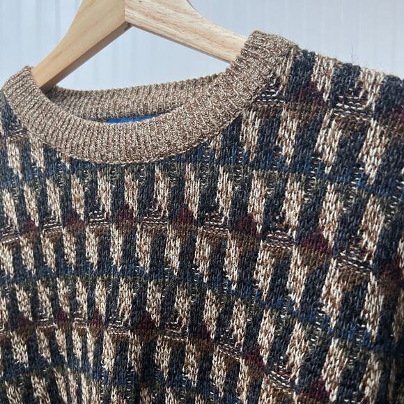 Vintage 90s Cosby Style Sweater Textured Knit Abstract Pattern Pullover Men's S - Picture 7 of 10